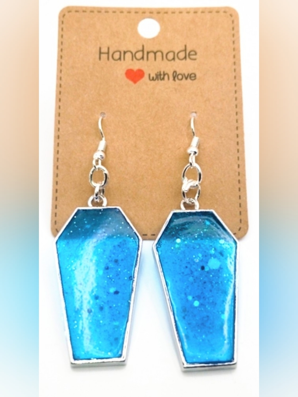 Handmade Blue Glitter Coffin Earrings | Resin Goth Jewelry | Hypoallergenic New